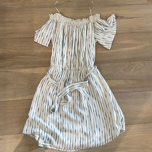Charles Henry off the shoulder blue and white dress
